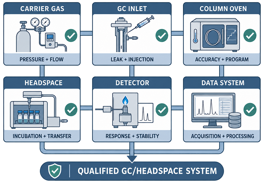 GC and headspace qualification map covering carrier-gas pressure and flow, inlet leakage and injection, oven accuracy and programming, headspace incubation and transfer, detector response, and data processing.