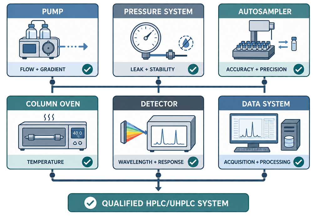 HPLC and UHPLC qualification map covering pump flow and gradient, pressure integrity, autosampler accuracy and precision, column temperature, detector response, and data processing.