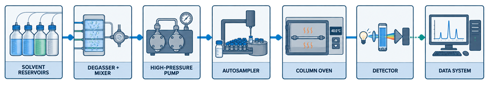 HPLC and UHPLC architecture showing solvent reservoirs, degasser and mixer, high-pressure pump, autosampler, column oven, detector, and chromatography data system.