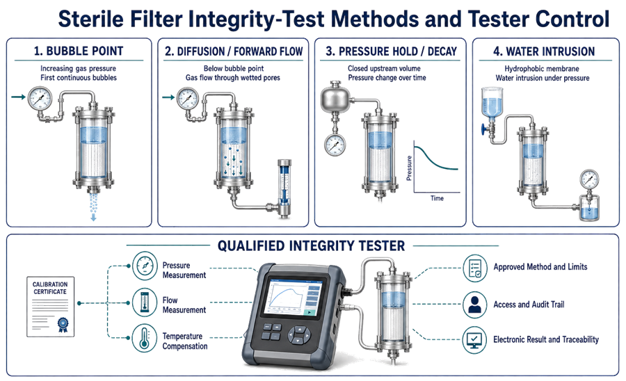 Comparison of bubble-point, diffusion or forward-flow, pressure-hold or pressure-decay, and water-intrusion filter integrity tests with qualified integrity-tester controls.