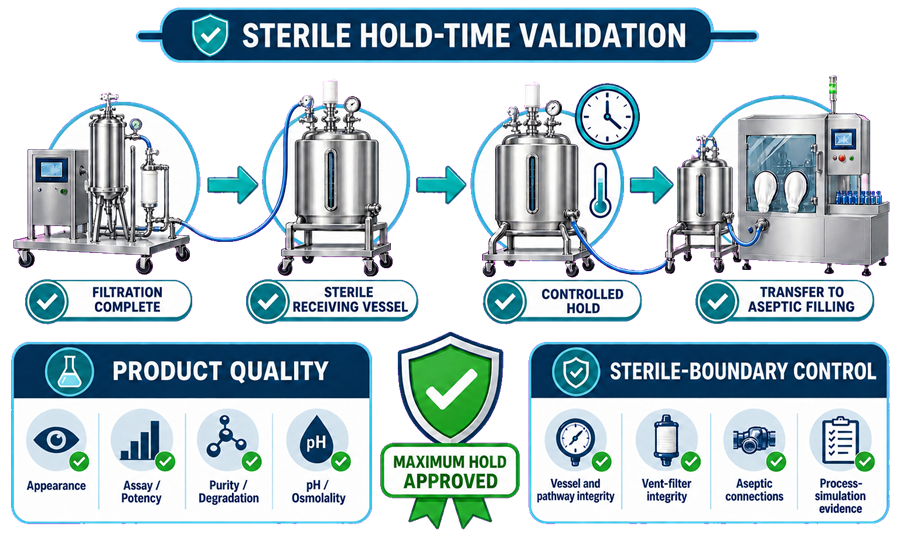 Sterile hold-time validation showing filtration completion, sterile receiving vessel, controlled maximum hold, transfer to filling, product-quality testing, and sterile-boundary controls.