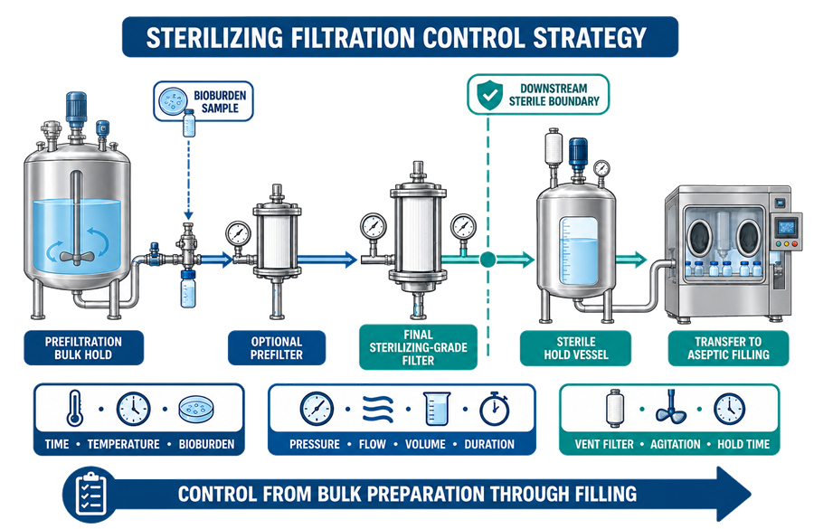 Sterilizing-filtration control strategy showing prefiltration bulk hold, bioburden sampling, optional prefilter, final sterilizing-grade filter, downstream sterile boundary, sterile hold vessel, and transfer to aseptic filling.