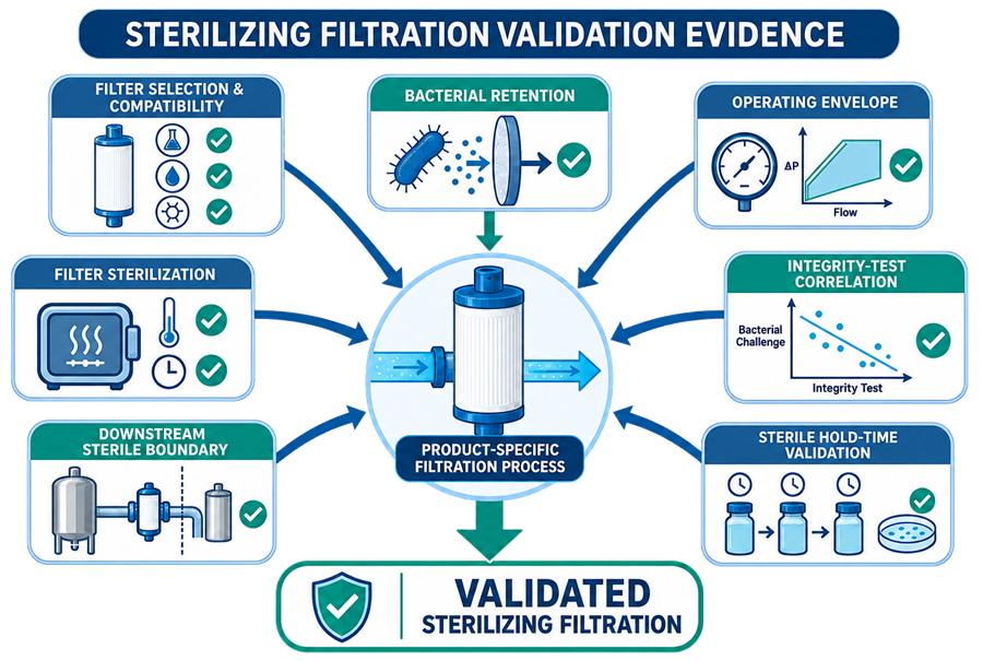 Sterilizing-filtration validation evidence integrating filter selection, bacterial retention, operating envelope, sterilization, integrity-test correlation, downstream sterile boundary, and sterile hold-time validation.