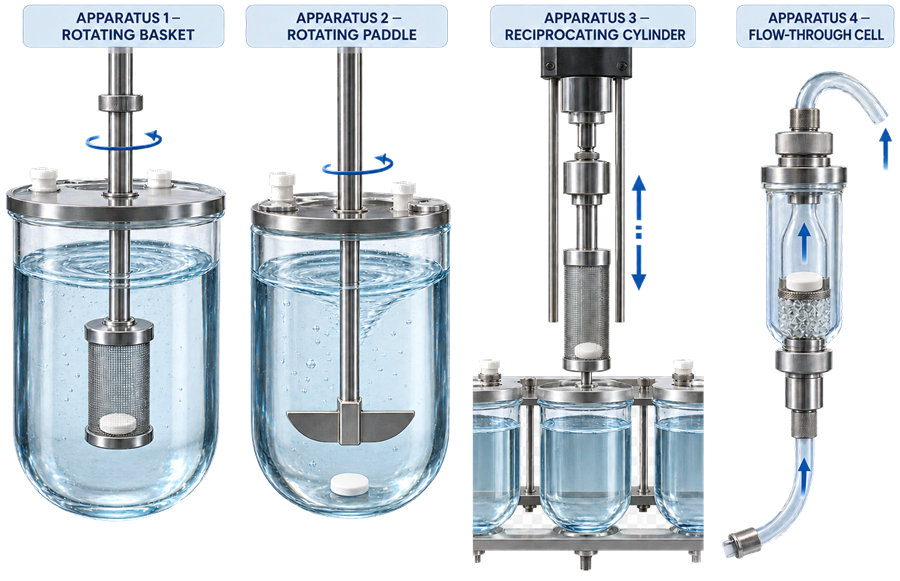 Comparison of USP dissolution Apparatus 1 rotating basket, Apparatus 2 rotating paddle, Apparatus 3 reciprocating cylinder, and Apparatus 4 flow-through cell.