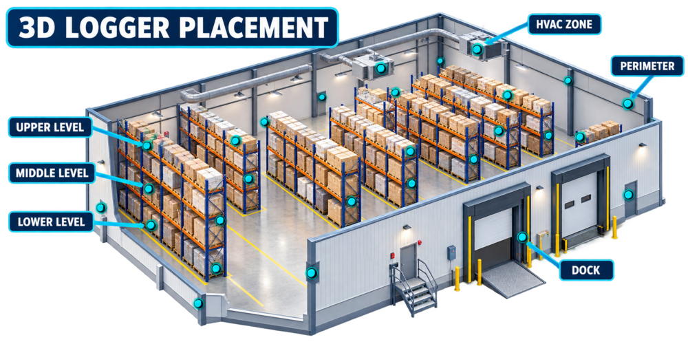 Three-dimensional pharmaceutical warehouse logger placement at upper, middle, lower, perimeter, dock-door, and separate HVAC-zone locations.