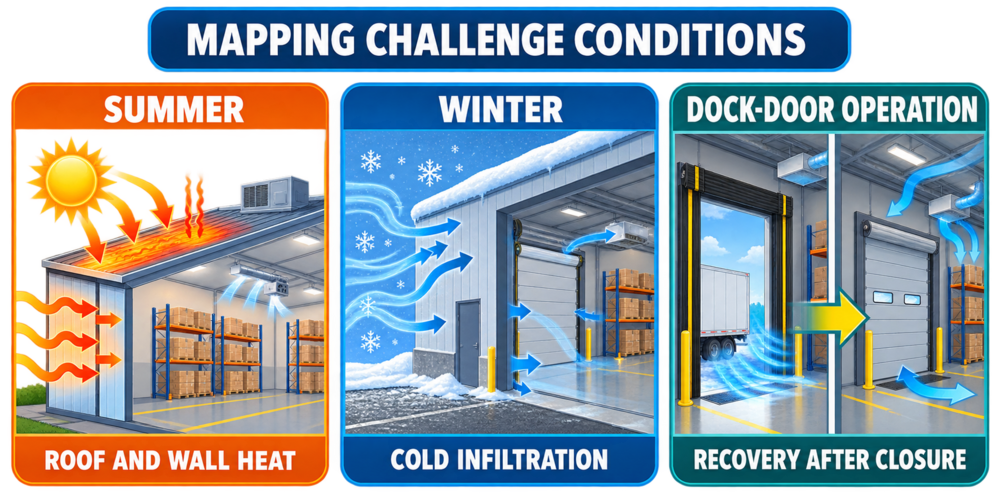 Warehouse temperature-mapping challenges showing summer roof and wall heat, winter infiltration, and recovery after dock-door closure.