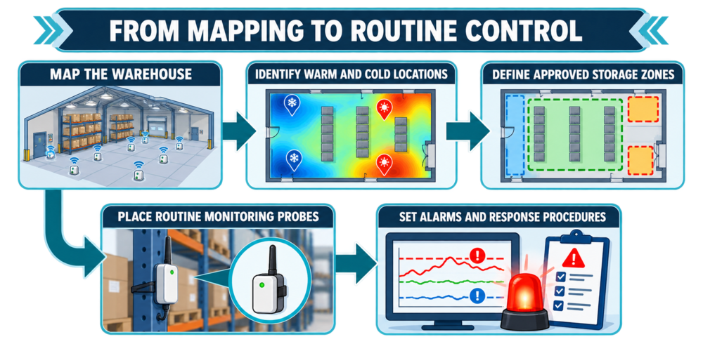 Workflow from warehouse temperature mapping through warm and cold location analysis, approved storage zones, monitoring-probe placement, and alarm procedures.