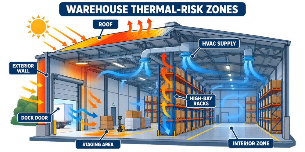 Pharmaceutical warehouse thermal-risk zones showing roof heat gain, exterior walls, dock doors, HVAC supply, high-bay racks, staging, and interior areas.