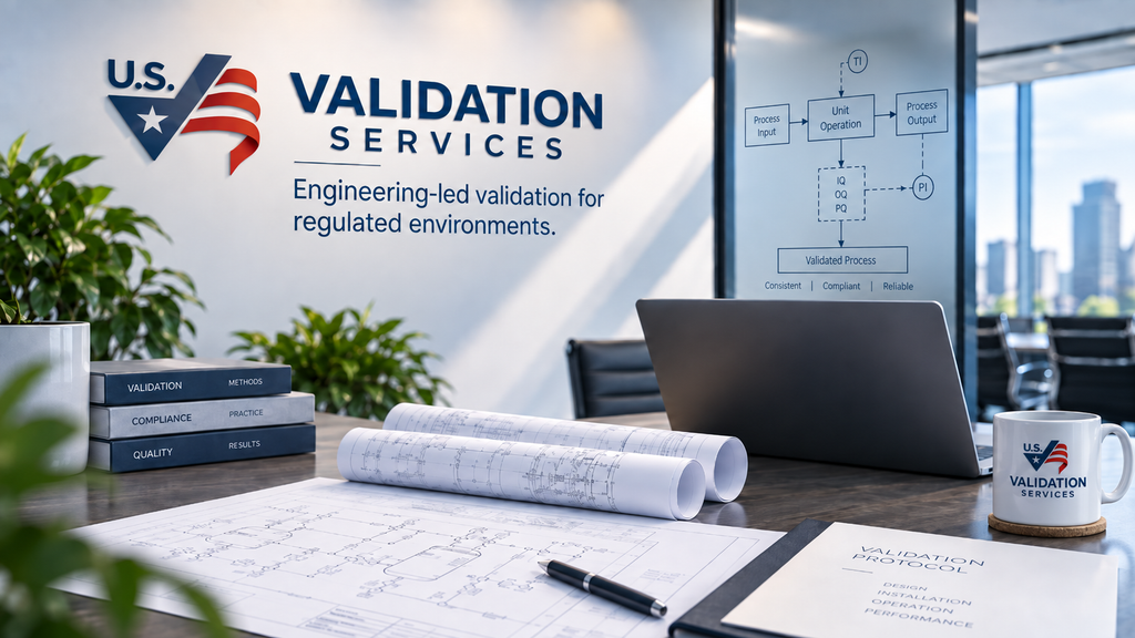U.S. Validation Services engineering office with validation process diagram and technical documentation