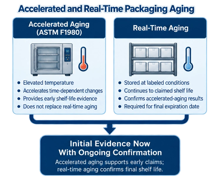 Accelerated and real-time packaging aging diagram showing accelerated aging providing early evidence while real-time aging continues to the claimed shelf life and confirms the final expiration-date basis.