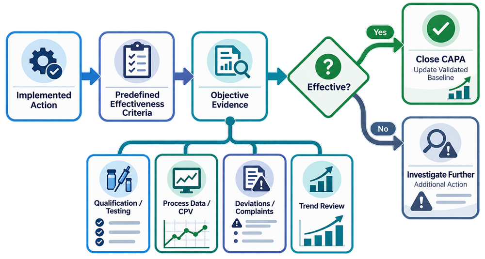 CAPA effectiveness verification showing implemented corrective action, predefined effectiveness criteria, objective validation and monitoring evidence, successful CAPA closure, or further investigation when effectiveness is not demonstrated.