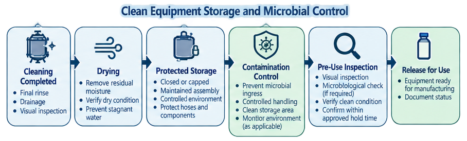 Clean hold time control sequence showing completed cleaning, drying, protected storage, contamination control, pre-use inspection, and equipment release.