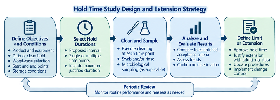 Cleaning validation hold-time study design showing initial hold-time selection, worst-case challenge, sampling and testing, acceptance decision, and scientifically justified hold-time extension.