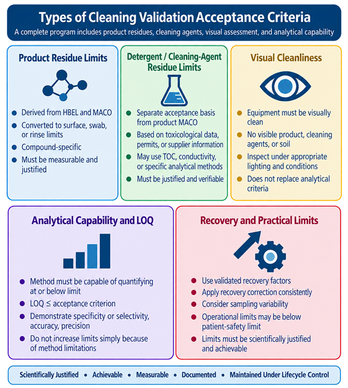 Types of cleaning validation acceptance criteria including product residue limits, detergent and cleaning-agent residue limits, visual cleanliness, analytical capability and LOQ, and recovery-based practical limits.