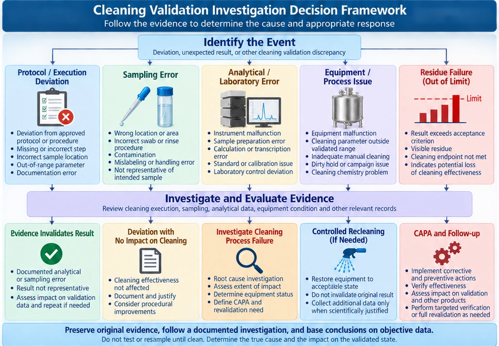 Cleaning validation investigation decision framework distinguishing protocol deviations, sampling or analytical errors, equipment or process failures, residue failures, impact assessment, CAPA, and revalidation decisions.