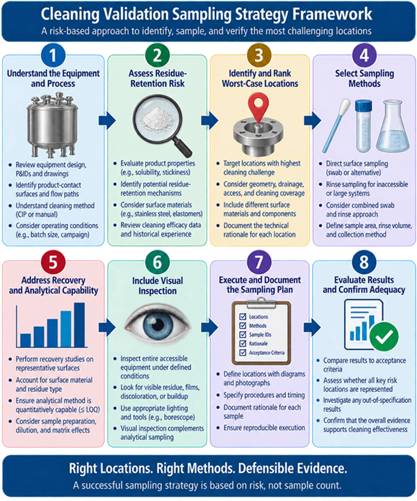 Cleaning validation sampling strategy framework showing equipment understanding, residue-retention risk, worst-case location selection, direct swab sampling, rinse sampling, visual inspection, recovery, and final validation evidence.