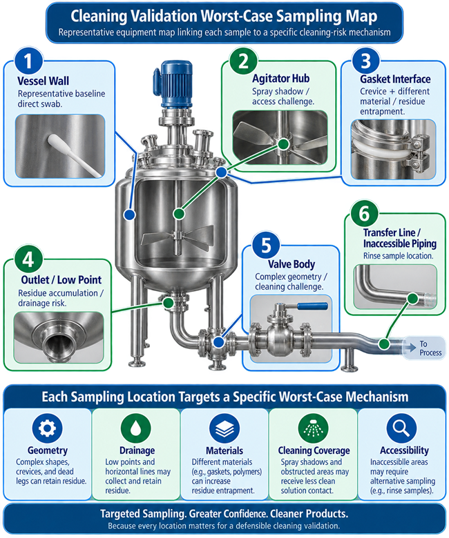 Cleaning validation equipment map showing representative and worst-case sampling locations including vessel surfaces, agitator hub, gasket, valve, outlet, low point, transfer line, and inaccessible rinse-sampled surfaces.