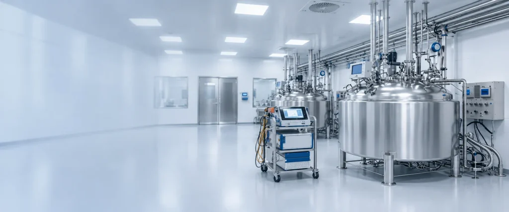 Pharmaceutical manufacturing equipment in a GMP production environment