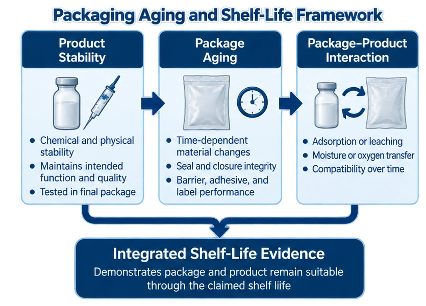 Packaging aging and shelf-life framework showing product stability, package aging, package-product interactions, and real-time evidence supporting the final shelf-life claim.
