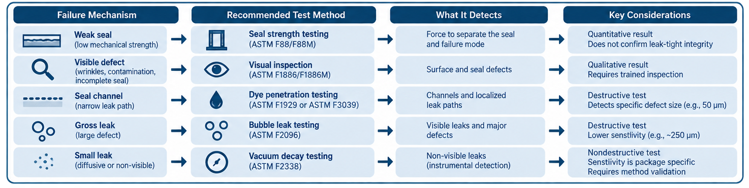 Packaging integrity method-selection diagram linking seal strength, visual defects, channel leaks, gross leaks, and complete package leakage to appropriate testing approaches.