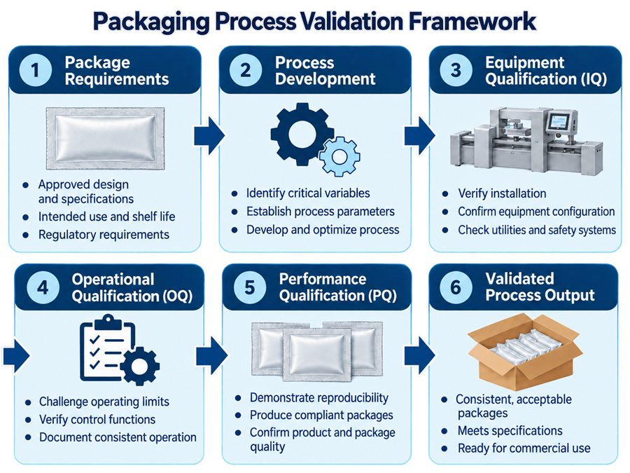 Packaging process validation framework showing packaging requirements progressing through process development, IQ, OQ, PQ, and validated process output.