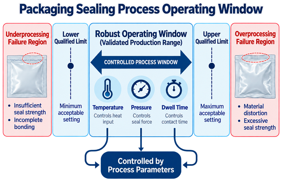 Packaging sealing process operating window showing low, target, and high process settings with an acceptable validated region between inadequate sealing and excessive process conditions.