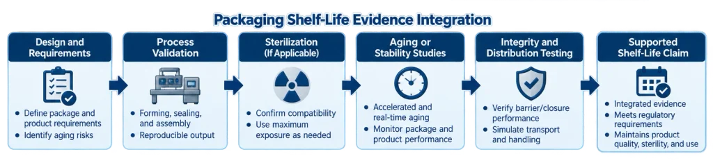 Packaging shelf-life evidence integration diagram showing packaging process validation, aging, stability, integrity testing, distribution testing, and real-time confirmation supporting the final expiration-date claim.