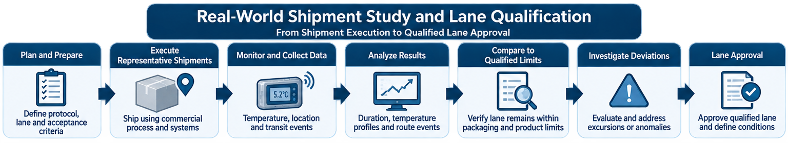 Real-world shipping lane qualification process showing representative shipments, environmental monitoring, route and transit data, temperature profile analysis, deviation review, comparison with qualified package limits, and final lane approval.