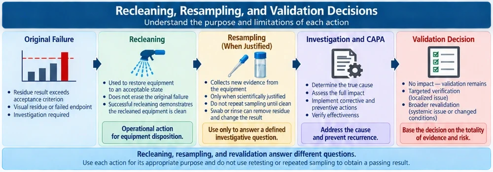 Cleaning validation decision diagram distinguishing recleaning for equipment restoration, scientifically justified resampling for investigation, targeted verification, CAPA and revalidation following a cleaning failure.