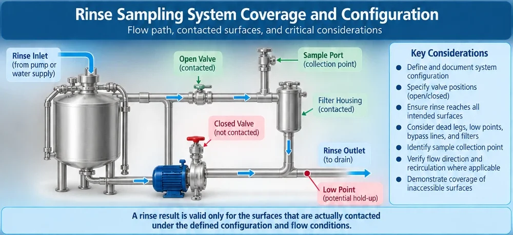 Cleaning validation rinse sampling diagram showing a vessel, pump, valves, transfer piping, hose and collection point with defined rinse flow, contacted surfaces, inaccessible areas, low points, and potential bypass locations.
