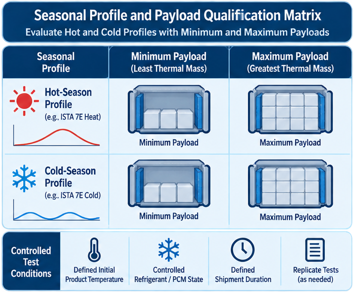 Thermal shipping qualification matrix comparing hot-season and cold-season ambient profiles with minimum and maximum payload configurations and mapped temperature sensor locations.
