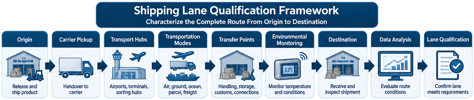 Shipping lane qualification framework showing origin, carrier pickup, transport hubs, transportation modes, transfer points, environmental monitoring, destination receipt, data analysis, and lane qualification conclusion.