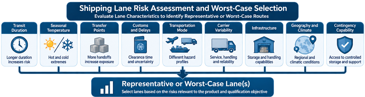 Shipping lane risk selection diagram comparing transit duration, seasonal temperature, transfer points, customs delays, transportation mode, carrier variability, infrastructure, and contingency controls to identify representative and worst-case lanes.