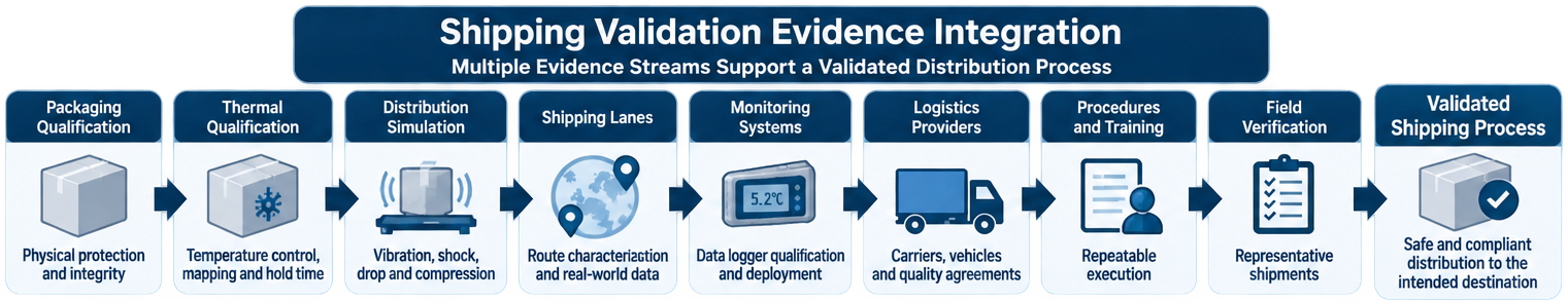 Shipping validation evidence integration showing package qualification, thermal qualification, lane assessment, environmental monitoring, logistics provider controls, procedures, and field verification supporting a validated shipping process.
