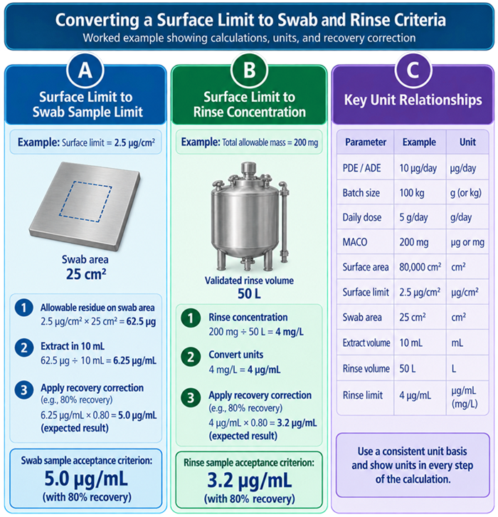 Cleaning validation calculation showing MACO translated into a surface residue limit, swab-area limit, extract concentration, recovery-adjusted criterion, and rinse concentration.