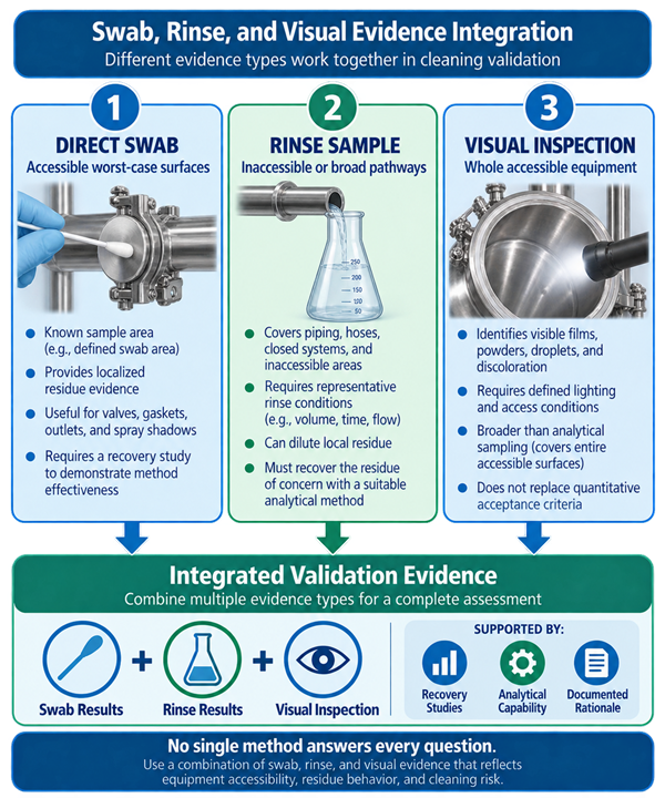 Cleaning validation evidence model showing direct swab sampling of accessible worst-case surfaces, rinse sampling of inaccessible systems, visual inspection of the complete equipment, and integration of the results into the validation conclusion.