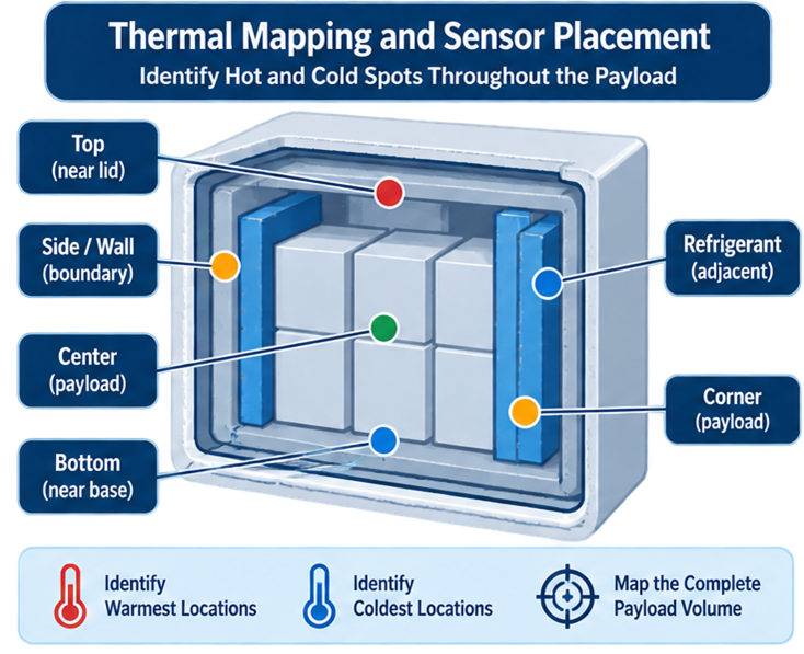 Thermal shipping container mapping showing temperature sensors distributed through top, bottom, center, corner, boundary, and refrigerant-adjacent payload locations to identify thermal hot and cold spots.