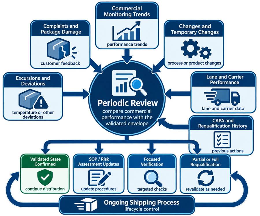 Shipping periodic review and requalification cycle showing commercial monitoring, changes, excursions, complaints, carrier performance, lane trends, periodic assessment, validated-state decision, focused requalification, and updated qualification.