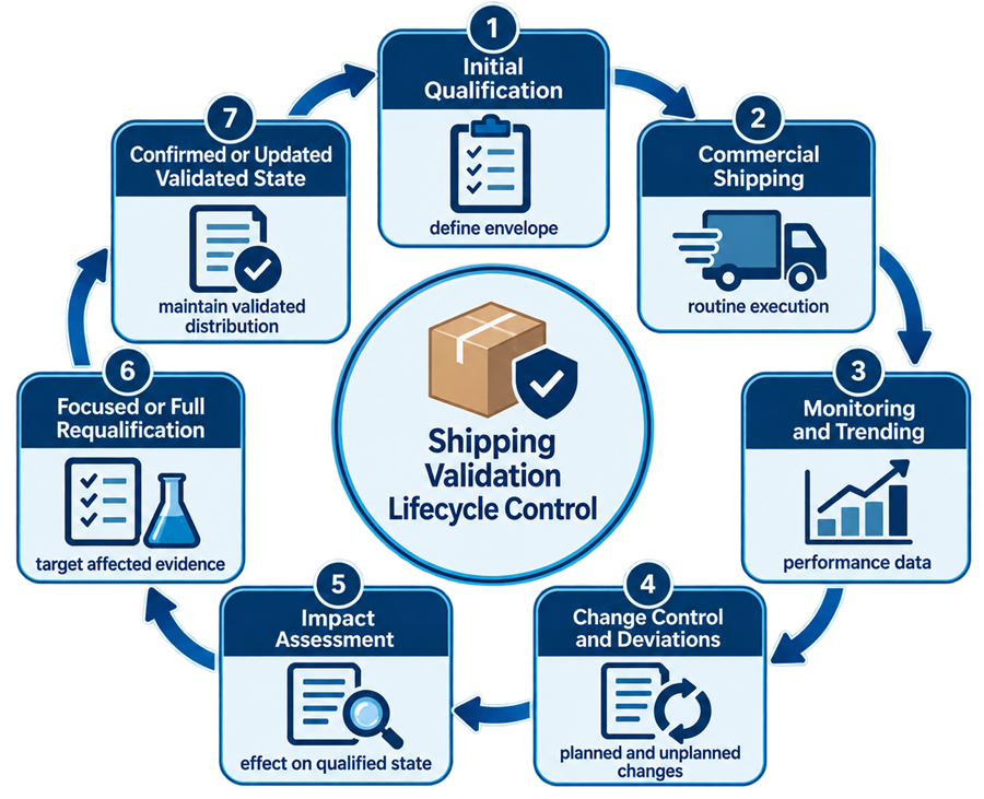 Shipping validation lifecycle showing initial qualification, commercial distribution, monitoring and trending, change control, impact assessment, requalification where required, and confirmation of the validated state.